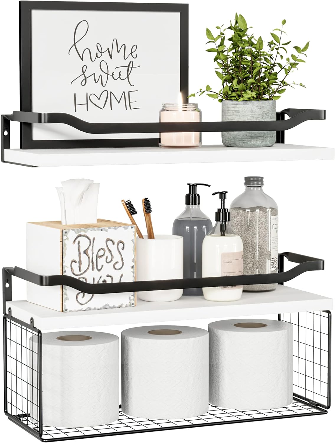Floating Shelves with Wire Storage Basket, Bathroom Shelves, Wall Shelves Floating Shelves with Wire Storage Basket, Bathroom Shelves, Wall Shelves